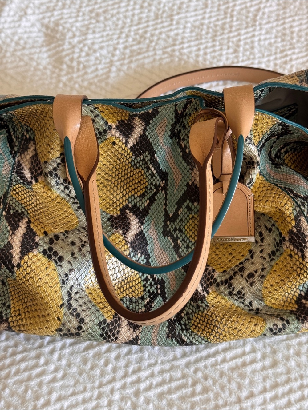 Leather-Trim Python Print Tote in Yellow and Teal by Cole Haan